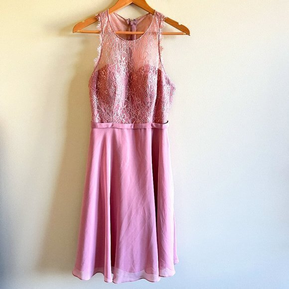 Azazie Pink Lace Halter Top Sleeveless Bridesmaid Dress Knee‎ Length Size… - Picture 1 of 8